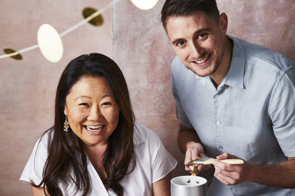 RecipeTin Eats’ Nagi Maehashi and Jean-Baptiste Alexandre with the maple-glazed ham.