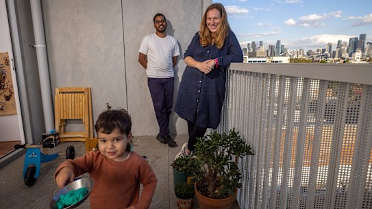 Sabrina Baker and Nagesh Seethiah with son Marcel, 2, happily living in an Assemble apartment.