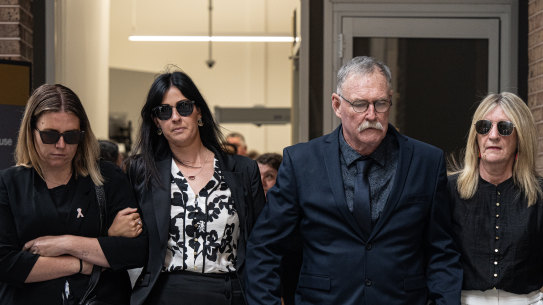 (L-R) Steven Tougher’s wife Madison, sister Jess, father Jeff and mother Jillian leave court on Monday.