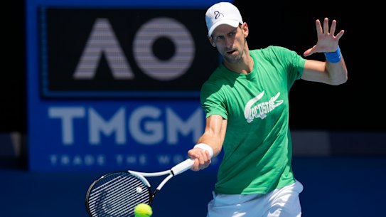 Novak Djokovic practices on Margaret Court Arena on Thursday.
