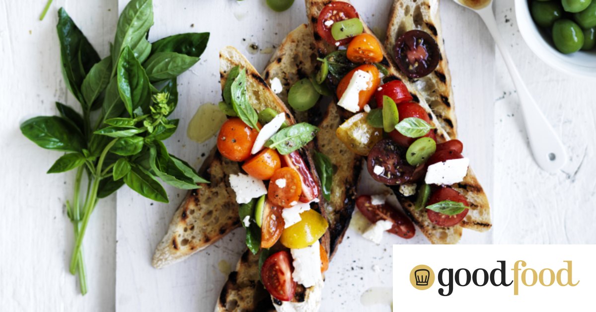 Bruschetta with cherry tomatoes, basil, olives and feta recipe