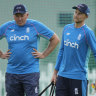 Chris Silverwood, left, with Joe Root at a practice session.