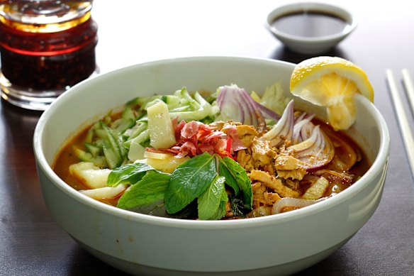 Asam laksa is sour and often garnished with cucumber, pineapple and red onion.