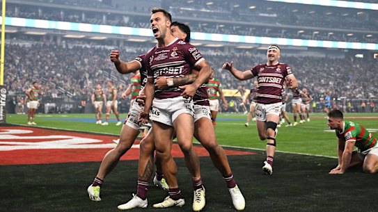The Sea Eagles celebrate a try at Allegiant Stadium.