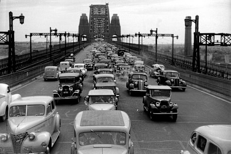 Hive of activity: a traffic jam on the bridge in 1946.