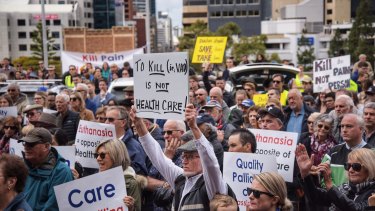 Anti-euthanasia protesters take their message to politicians at Parliament House on Wednesday.