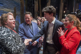 Canadian Prime Minister Justin Trudeau and his wife Sophie Gregoire chat with some of the citizens from Gander, Newfoundland, after the Broadway musical Come From Away in New York.