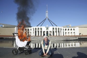 In August 2021, Extinction Rebellion’s Australian chapter set a pram on fire and spray-painted the words “Duty of Care” on Parliament House in Canberra to protest over climate inaction.