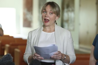 Rachelle Miller details her allegations against her former boss, Liberal MP Alan Tudge, at Parliament on Thursday.