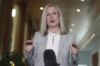 Senator Katy Gallagher addresses the media ahead of a Senate select committee hearing on COVID-19, at Parliament House in Canberra.