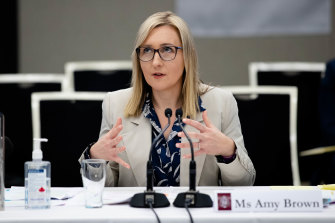 Brown giving evidence on the first day of hearings, on June 29.