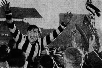 Collingwood celebrate victory in the 1953 grand final. Keith Batchelor kicked four goals.