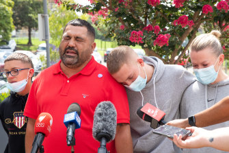 Family of Jai Wright who died in what the family say was a police pursuit over the weekend.  Pictured from left to right are  brother Marli, father Lachlan , brother Kaidyn and Jai’s mother Kylie talking to the media.  