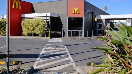 External photo of the McDonalds store in Fawkner on Thursday 14 May 2020.
McDonald’s Australia says the cluster at its Fawkner restaurant has grown from six to eight overnight, with the two new cases close contacts of employees. It is still not known how the first case at the store came into contact with the virus. Photo Luis Enrique Ascui