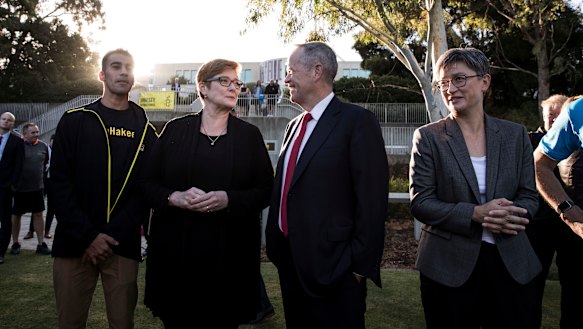 Hakeem al-Araibi with Foreign Affairs Minister Marise Payne, Opposition Leader Bill Shorten and Senator Penny Wong at a parliamentary soccer game on the Senate Oval on February 14. 