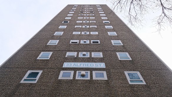 Outside the 33 Alfred Street tower in North Melbourne, which remains locked down until next Saturday.