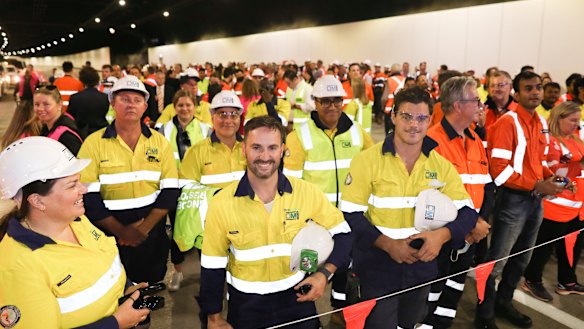 Hundreds of workers from the NorthConnex project were on hand to watch the tunnel opening on Friday.