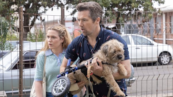 Harriet Dyer and Patrick Brammall with their canine co-star in Colin from Accounts.