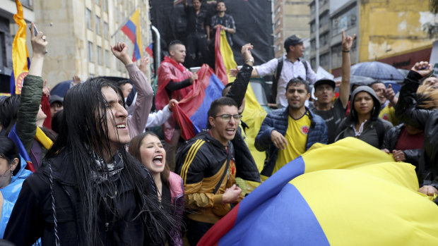 Students rally during a nationwide strike at the Bolivar square in downtown Bogota, Colombia, on Thursday.