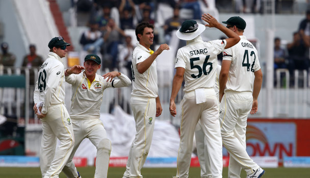 Pat Cummins celebrates a rare wicket in the first Test.