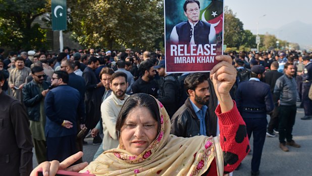 Supporters of Pakistan’s imprisoned former Prime Minister Imran Khan hold a demonstration outside Islamabad High Court earlier this month.