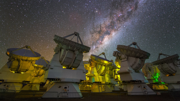 The Atacama Large Millimetre Array in the Chilean desert, part of the Event Horizon Telescope.