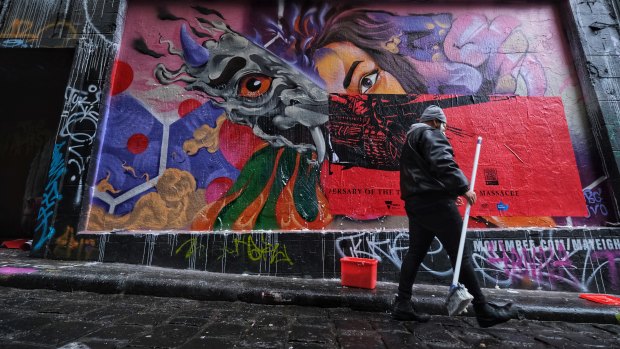 The Hosier Lane paste-up is Badiucao's first exhibition since his show in Hong Kong was cancelled.