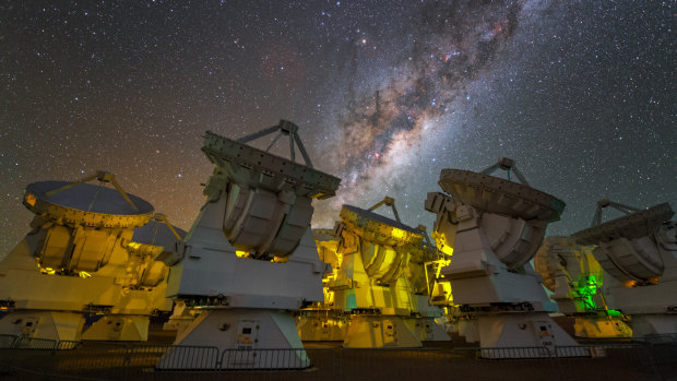 The Milky Way above the antennas at the ALMA Observatory.