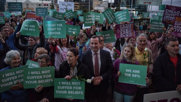 Premier Mark McGowan attends a rally in support of the state government's euthanasia laws, which are before the Parliament.