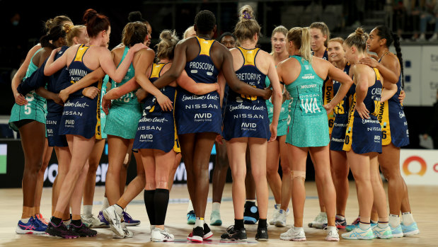 The Vixens and Lightning come together after their match during round nine of the Super Netball season.