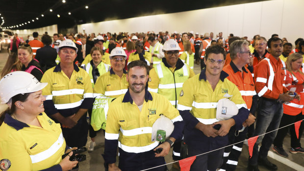 Hundreds of workers from the NorthConnex project were on hand to watch the tunnel opening on Friday.