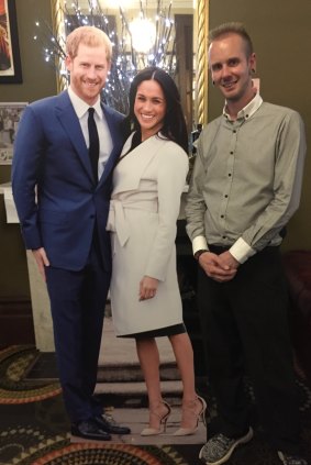 Lifesize cutouts of Harry and Meghan with Ryan Mackintosh at a Dubbo pub.