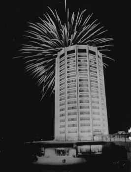 “A spectacular burst of fireworks behind the Wrest Point Casino during the gala opening celebration last night. ”