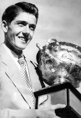 Ken Rosewall after winning Australian singles championship at Kooyong in 1953.