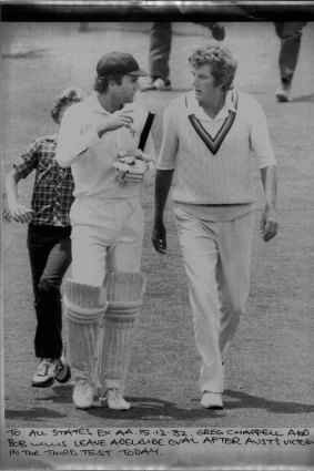 Greg Chappell and Bob Willis leave Adelaide Oval after Australia’s Test victory in1982.