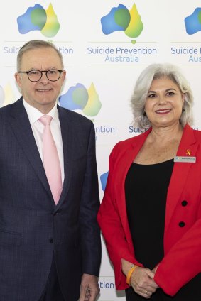 Prime Minister Anthony Albanese and Suicide Prevention Australia chief executive Nieves Murray who fears more people are suffering from cost-of-living and interest rate pressures.