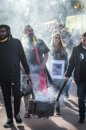 Tanya Day's family and supporters on walk from Kings Domain to the Coroners Court at the beginning of the inquest.
