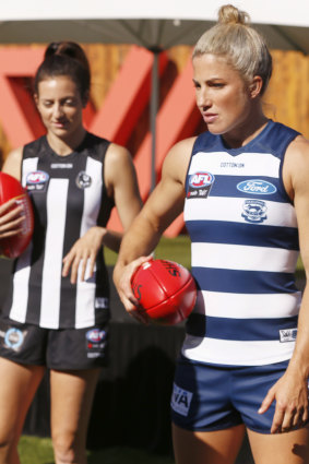 Geelong and Collingwood captains Melissa Hickey and Steph Chiocci.