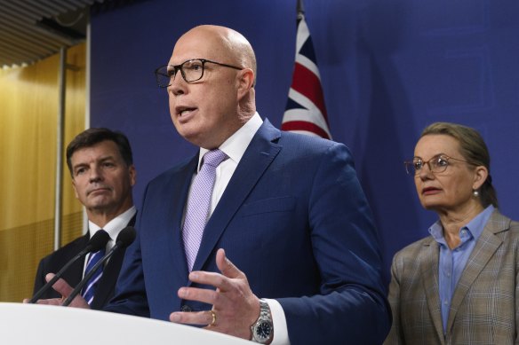 Peter Dutton announces the Coalition’s nuclear plan last Wednesday with Liberal MPs Angus Taylor and Sussan Ley.