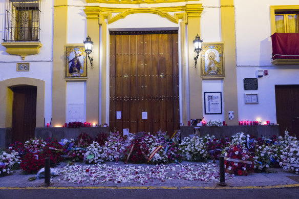 Flowers at the entrance of the Sailors' Chapel in Seville, Spain, after the Holy Week procession was cancelled.