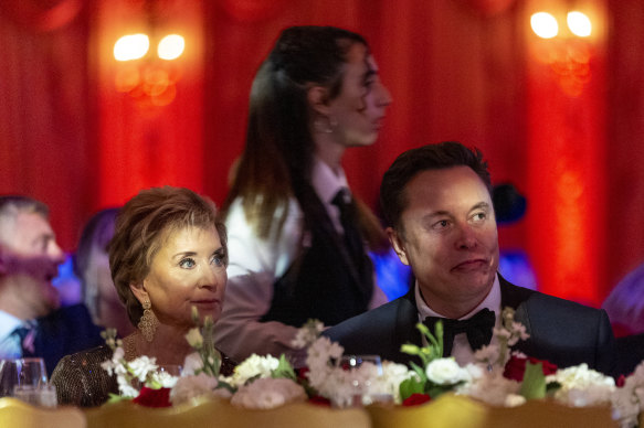 Linda McMahon, a member of Donald Trump’s transition team, and Elon Musk listen as Trump speaks during an America First Policy Institute gala at his Mar-a-Lago estate on Thursday.