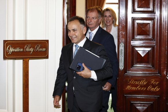 Opposition Leader John Pesutto (front), deputy Liberal leader David Southwick and leader in the upper house Georgie Crozier leave Monday morning’s party room meeting. 