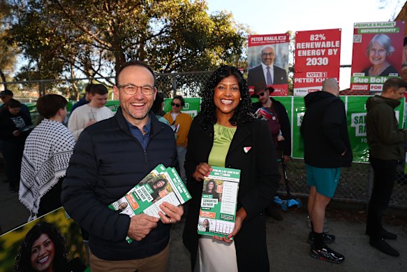 Greens candidate Samantha Ratnam, pictured with outgoing Greens leader Adam Bandt, at Brunswick East Primary School during the campaign.