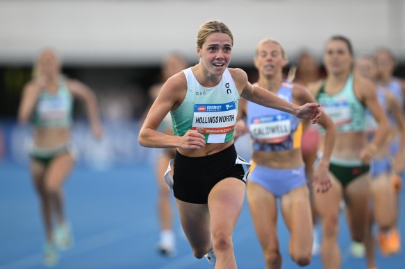 Claudia Hollingsworth wins the 800m final at the recent Maurie Plant event in Melbourne.