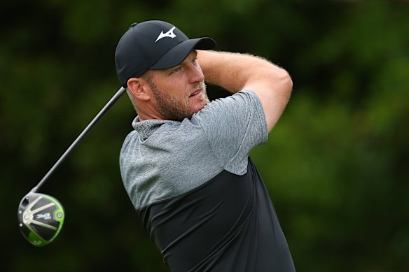 Sam Groth takes a swing at The Lakes in Sydney in 2018.