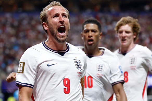England’s Harry Kane celebrates after scoring in the 2-1 win over DR Congo.