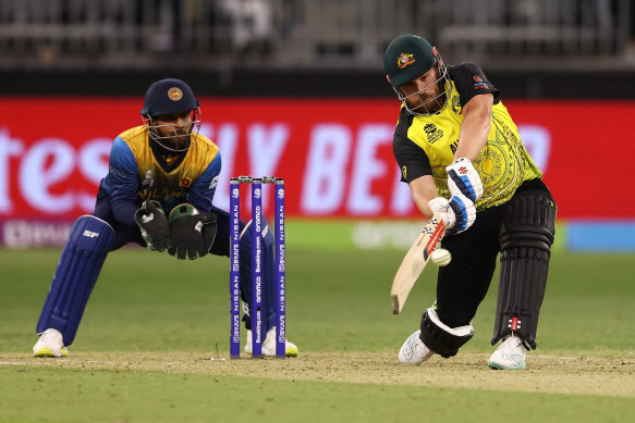 Aaron Finch gets a shot away against Sri Lanka.