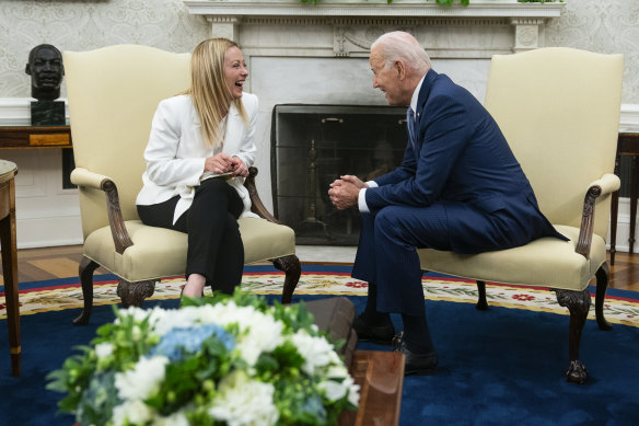 President Joe Biden meets Italian Prime Minister Giorgia Meloni in the Oval Office of the White House.