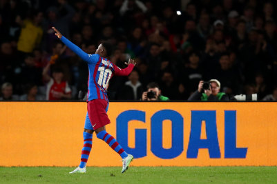 Ansu Fati celebrates scoring for Barcelona.