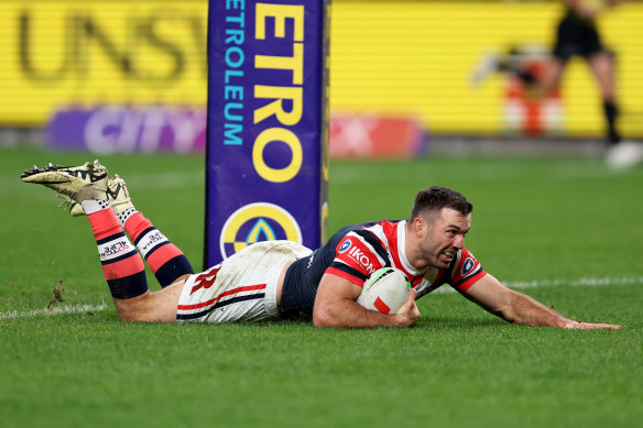 James Tedesco scores a try during the round 21 NRL match against Manly.